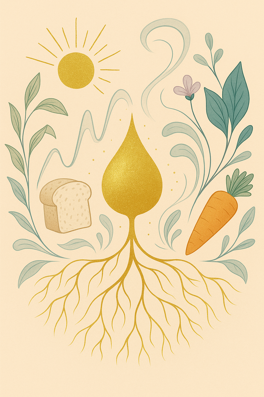 Botanische illustratie van wortel en brood als koolhydraten die zich vertakt in wortelachtige lijnen, omgeven door bladeren en bloemen, symbool voor bloedsuiker en energie in balans.