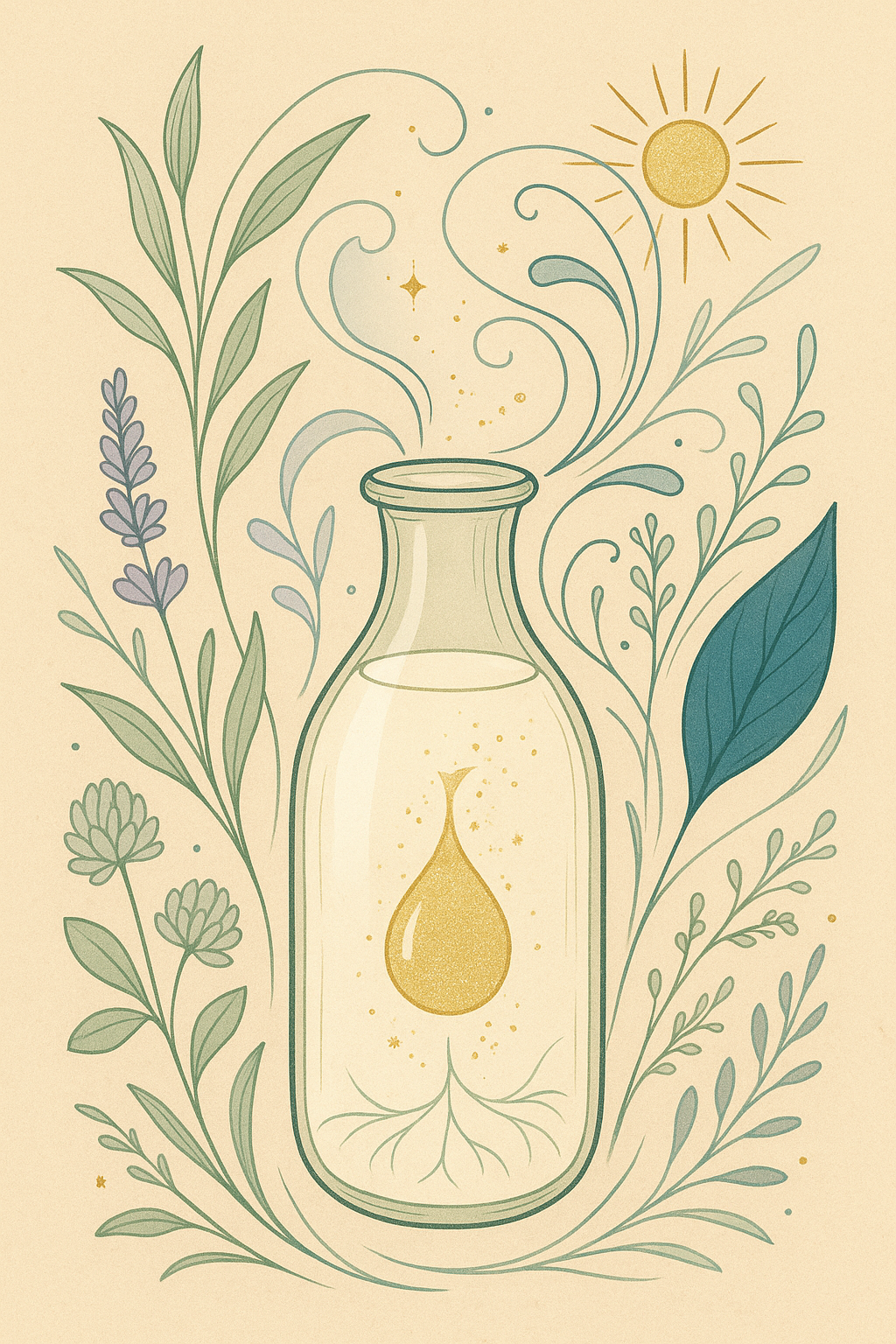 Botanische illustratie van een glazen melkfles met gouden glinsteringen, omringd door klaver, lavendel en bladeren, symbool voor puurheid en voeding uit de natuur.