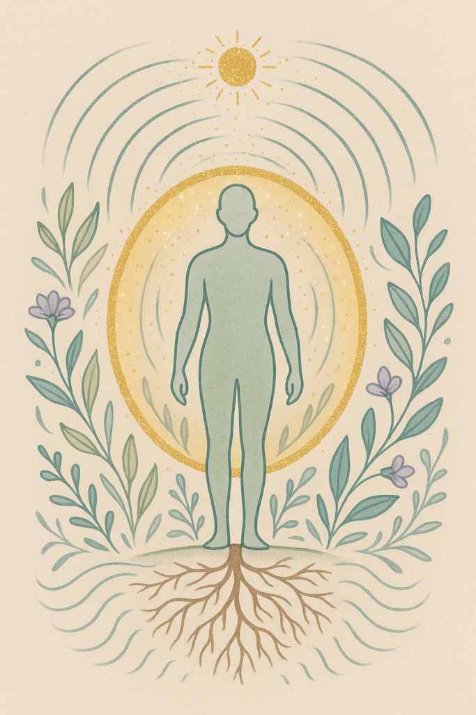Botanische illustratie van een mensfiguur in een gouden beschermende cirkel, geworteld in de aarde en omgeven door stralingsgolven en bladeren, symbool voor bescherming tegen straling.