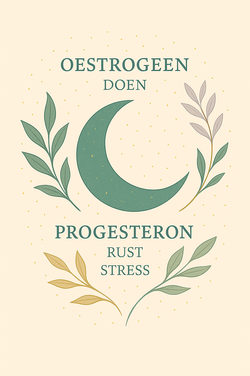 Illustratie met halve maan, botanische bladeren en gouden accenten. Oestrogeen (doen, groei) en progesteron (rust, stress) verbeeld als tegenpolen in de vrouwelijke cyclus