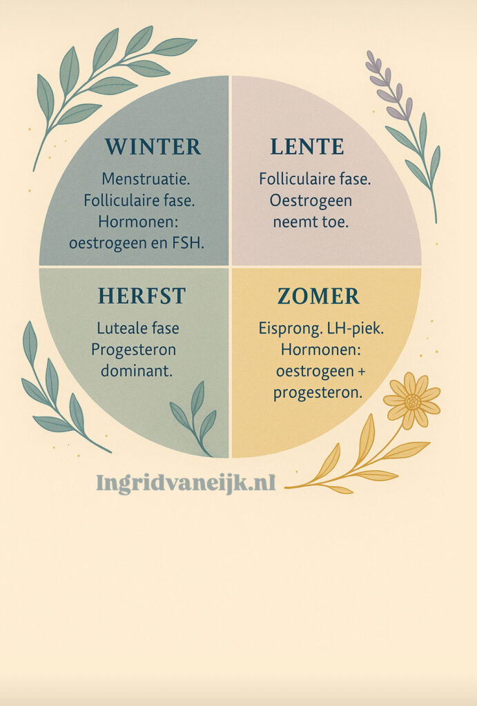 Infographic van de vrouwelijke hormooncyclus weergegeven in seizoenen: winter, lente, zomer en herfst, met maan en botanische elementen in zachte kleuren.
