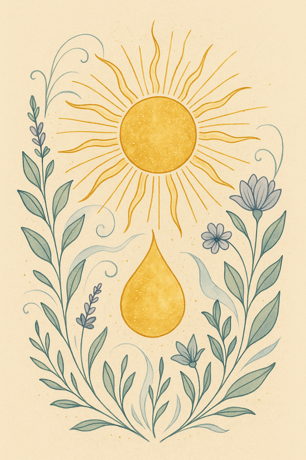 Botanische illustratie van een gouden zon met organische stralen, planten en bloemen die zich openen naar het licht, symbool voor ritme en levensenergie.