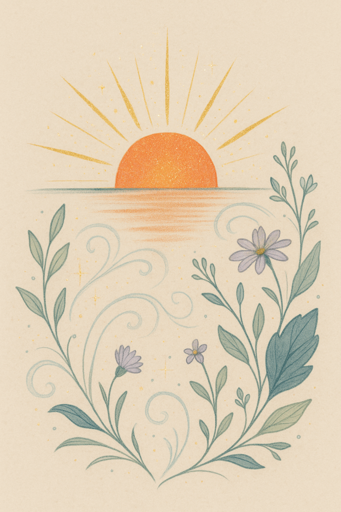 Botanische illustratie van een warme zonsopkomst met gouden stralen, omgeven door bloemen en bladeren, symbool voor de kracht van ochtendlicht en natuurlijke bescherming.