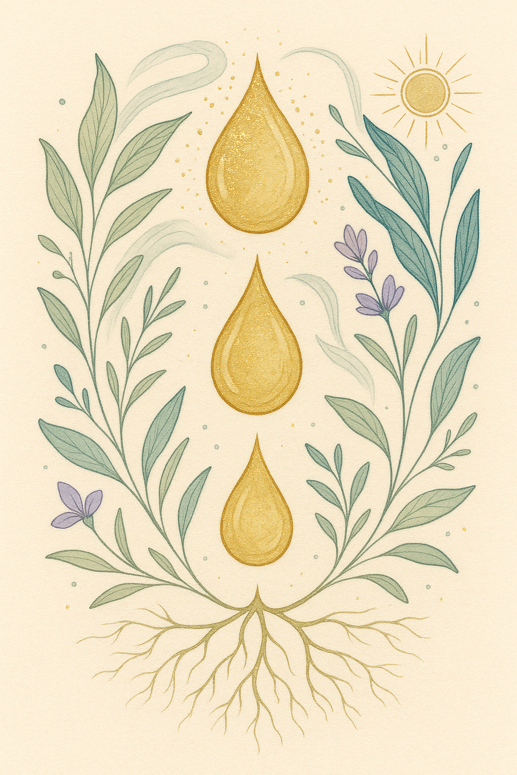 Botanische illustratie van drie gouden druppels onder elkaar, omgeven door wortels en bladeren, symbool voor de transformatie van een driedaags waterfast