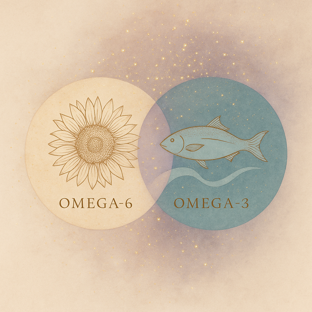 Illustratie van celmembraan en balans tussen omega-3 en omega-6 vetzuren, symbool voor gezonde celcommunicatie