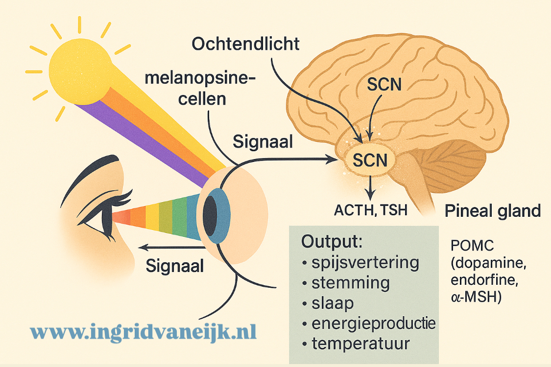 Infographic van lichtinval in het oog en activatie van de biologische klok (SCN) via melanopsinecellen, met invloed op melatonine, hormonen en lichaamsritme
