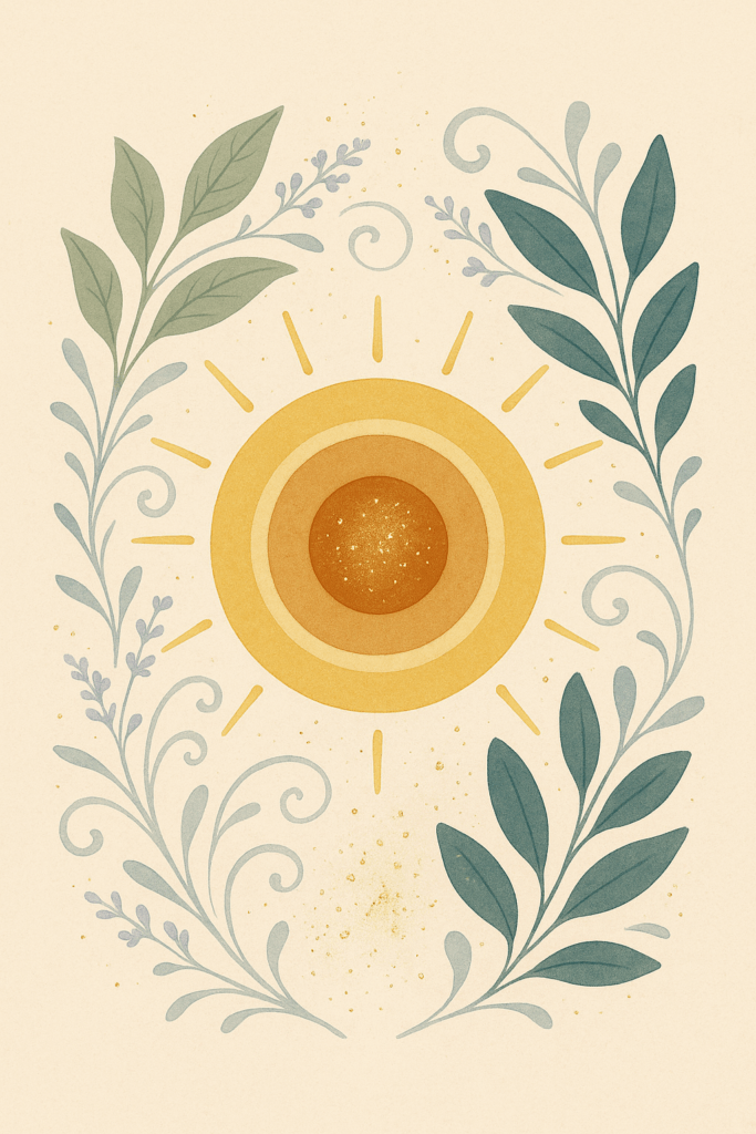Illustratie van een stralende zon met gouden kern en botanische omlijsting — symbool voor melanine als lichtgeleider en innerlijke bescherming.