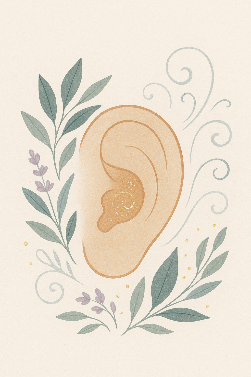 Illustratie van een zacht getekend oor met een gouden spiraal in het binnenoor, omringd door botanische vormen en golvende lijnen — symbool voor de subtiele werking van licht en elektromagnetische signalen op het lichaam.