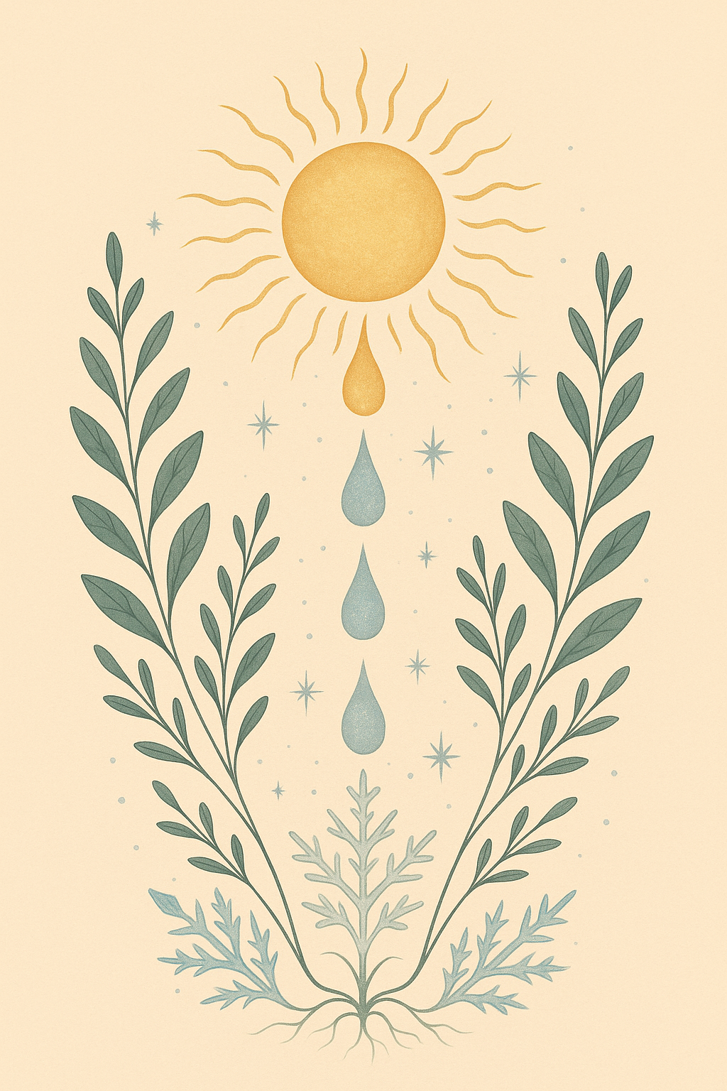 Botanische illustratie van een lage winterzon die gouden stralen uitzendt die overgaan in zilverblauwe druppels, symbool voor opgeslagen zonlicht dat in de winter wordt geactiveerd. Onderin zachte wintergroene planten en wortels met een warme gloed – een verbeelding van hoe licht, kou, vet en cholesterol samenwerken bij de aanmaak van vitamine D.