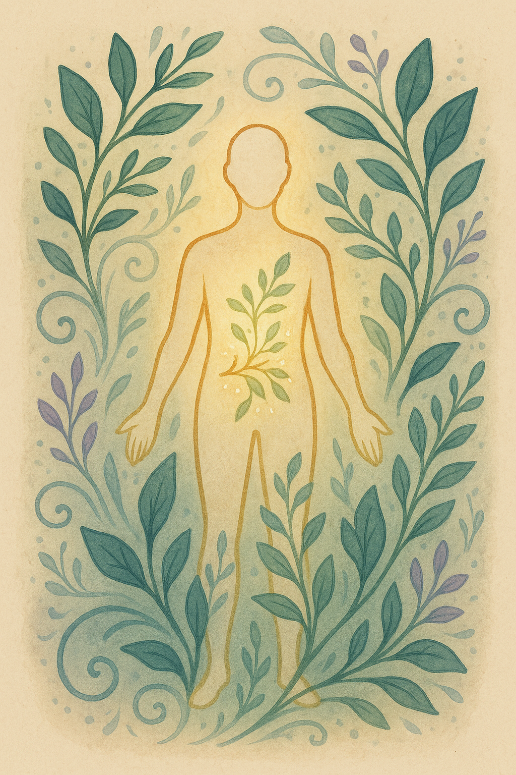 Botanische illustratie die herstel na een operatie verbeeldt: een gouden mensfiguur in zachte lijnkunst, omgeven door bladeren in sagegroen, petrol en lavendel. Vanuit het hart ontspruiten nieuwe takjes, als symbool voor weefselherstel en natuurlijke regeneratie. Zandkleurige achtergrond met subtiele gouden glitters en een herstellende, beschermende energie