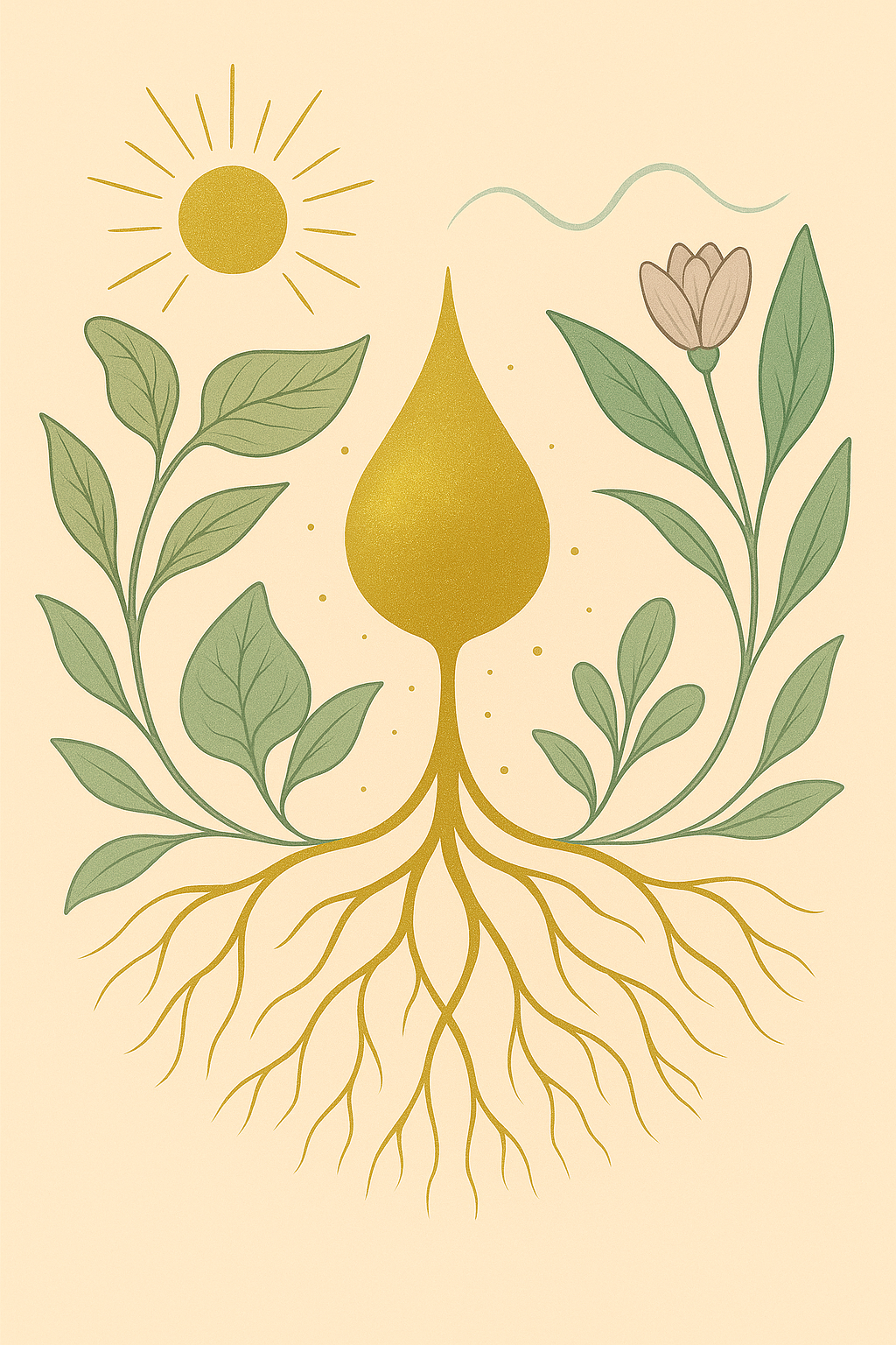 Botanische illustratie op zachte zandkleurige achtergrond met een gouden druppel als symbool voor bloedsuiker. Vanuit de druppel groeien wortels, omringd door bladeren in sagegroen en diep petrol, een openbloeiende bloem en een zacht stralende zon. De compositie verbeeldt hormonale balans, ritme en natuurlijke regulatie van energie