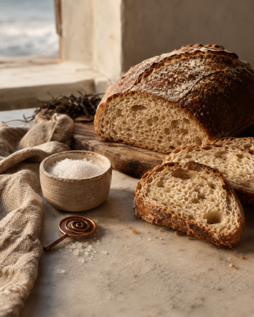 Rustiek brood, een kom grof zout en een koperen spiraal op een lichte stenen tafel bij zacht daglicht.