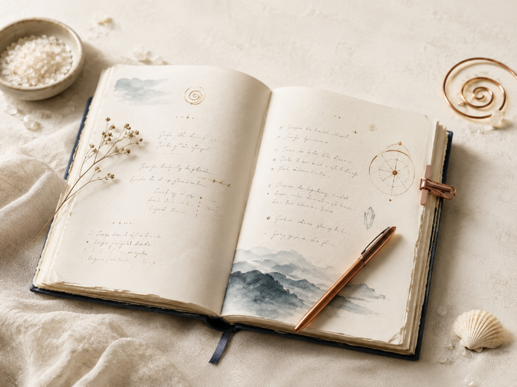 boek met koperen pen en vortex