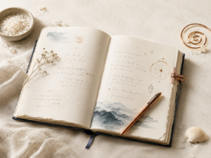 boek met koperen pen en vortex