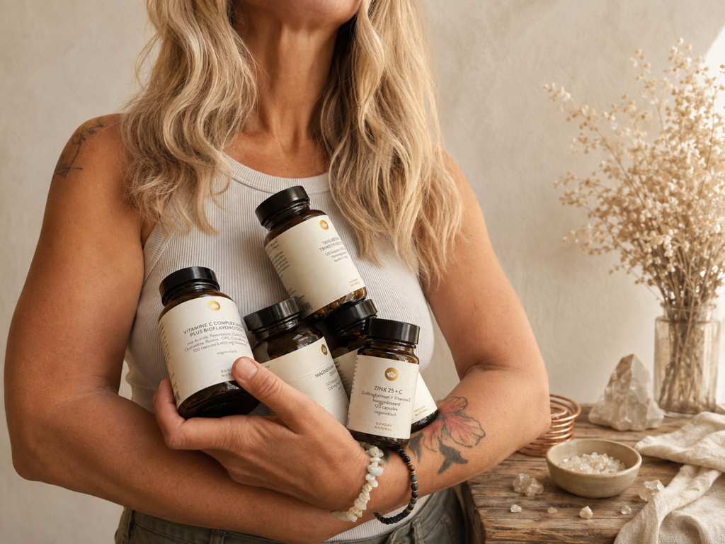 Ingrid houdt meerdere Sunday Natural supplementen vast.
