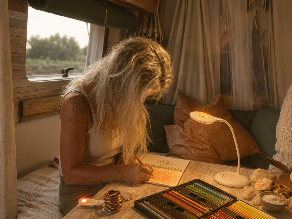 Ingrid tekent aan tafel onder warm amber licht van de Vivo Circadian DeskLight.