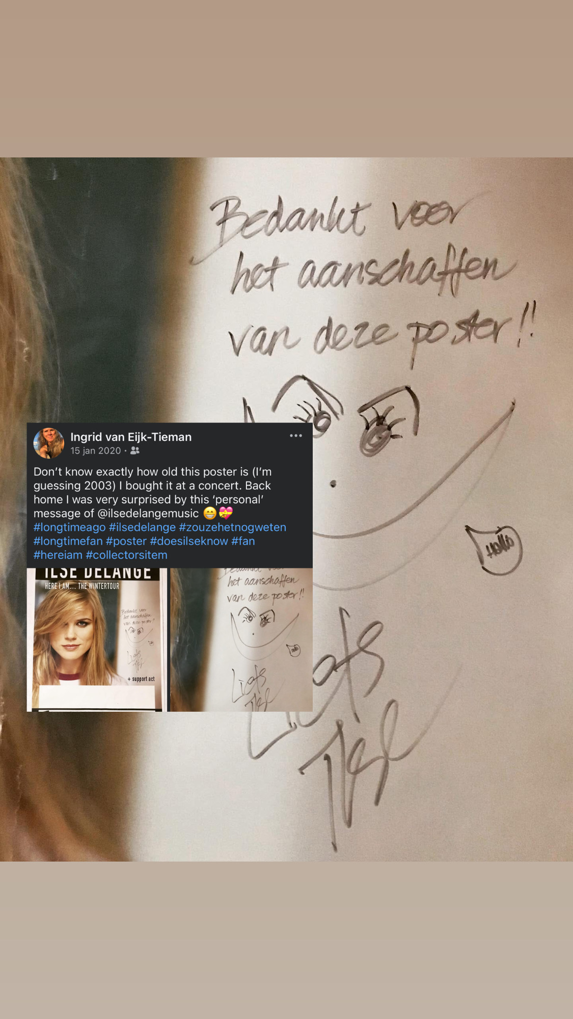 Oude Ilse DeLange-poster met een handgeschreven boodschap